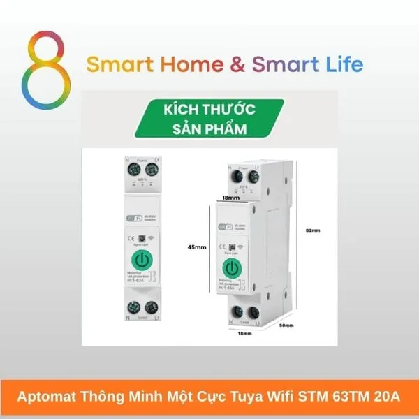 Aptomat Thông Minh một cực Tuya Wifi 20A - 8Matter - SmartHome