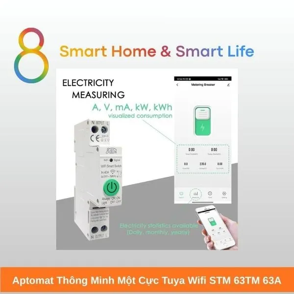 Aptomat Thông Minh một cực Tuya Wifi 63A - 8Matter - SmartHome