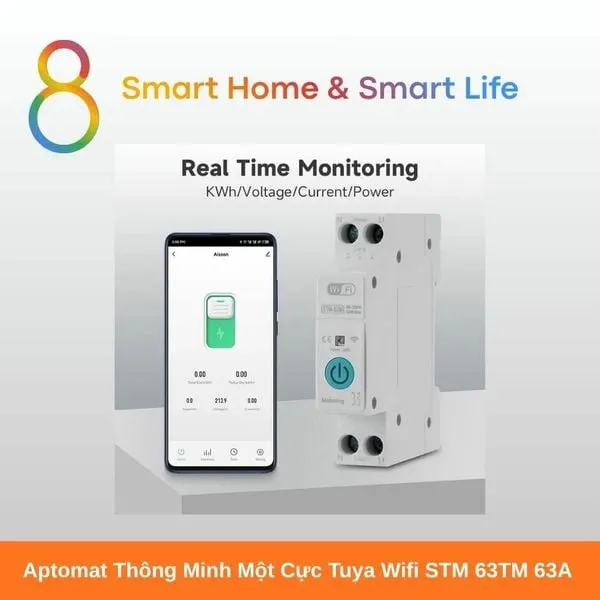Aptomat Thông Minh một cực Tuya Wifi 63A - 8Matter - SmartHome
