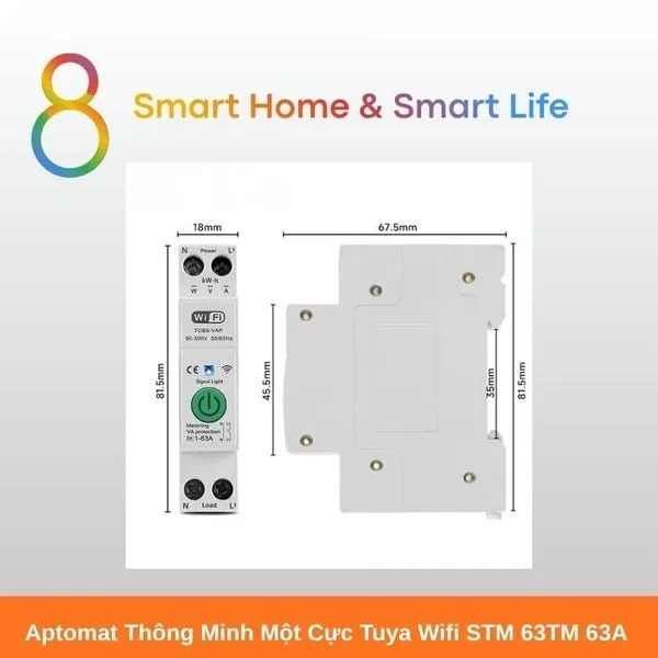 Aptomat Thông Minh một cực Tuya Wifi 63A - 8Matter - SmartHome