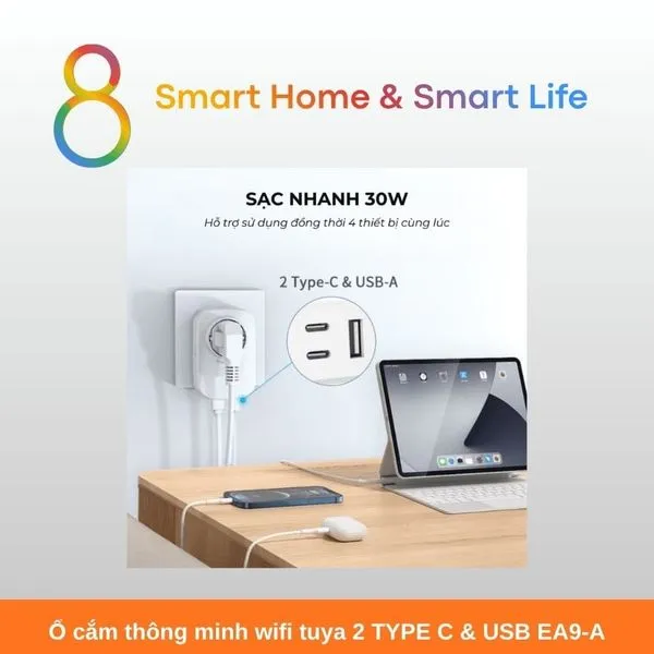 Ổ cắm thông minh wifi tuya 2 TYPE C & USB EA9-A