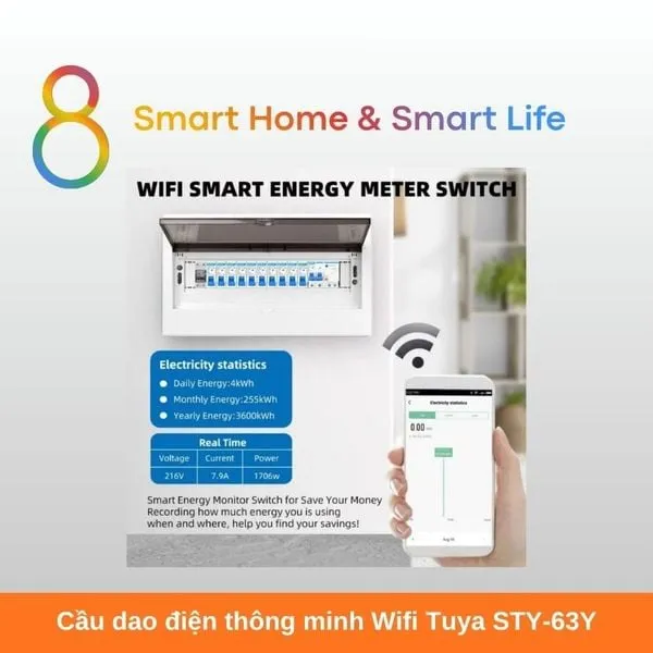 Cầu dao điện thông minh Wifi Tuya STY-63Y 63A - 8Matter-Smarthome
