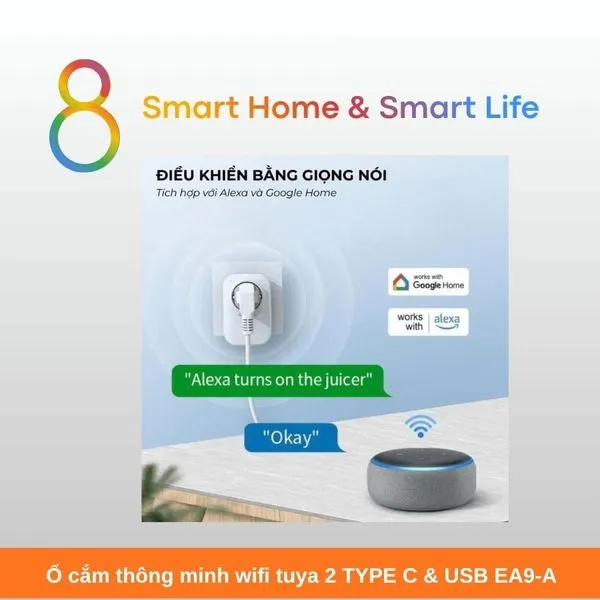 Ổ cắm thông minh wifi tuya 2 TYPE C & USB EA9-A