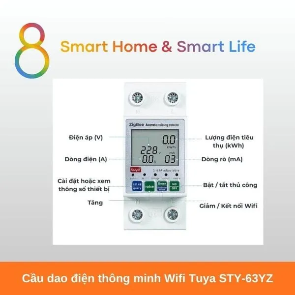 Cầu dao điện thông minh Wifi Tuya STY-63YZ-8Matter-Smarthome