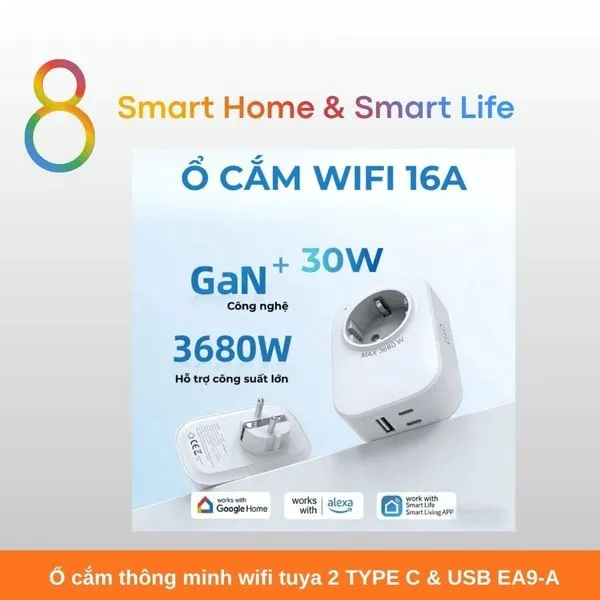Ổ cắm thông minh wifi tuya 2 TYPE C & USB EA9-A