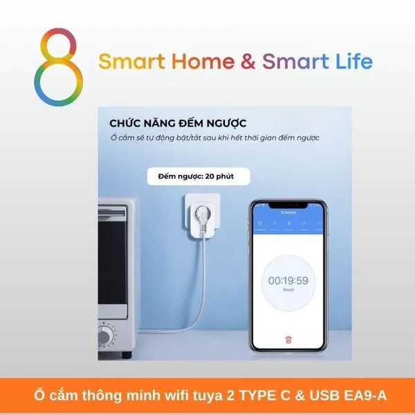 Ổ cắm thông minh wifi tuya 2 TYPE C & USB EA9-A