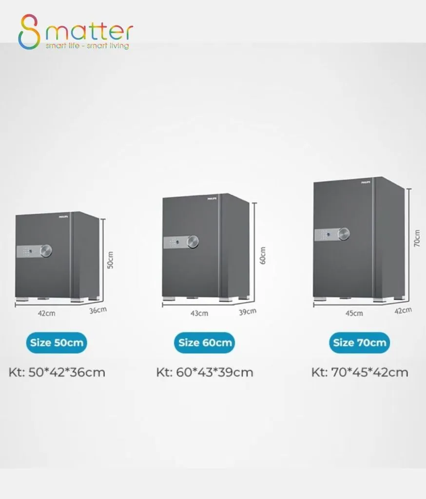 Đồ hoạ ba cỡ két SBX202 xếp cạnh nhau kèm số đo từng cỡ