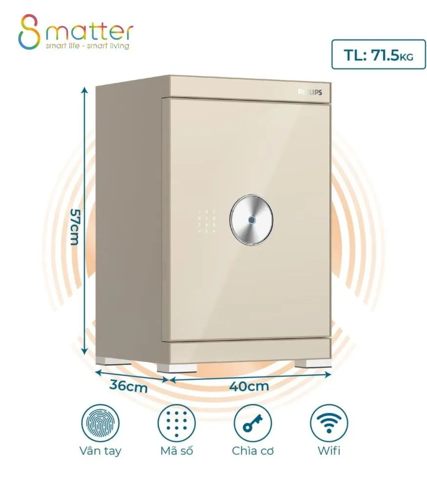 Đồ hoạ két màu kem ghi 71,5kg cùng biểu tượng vân tay, mã số, chìa cơ và Wifi