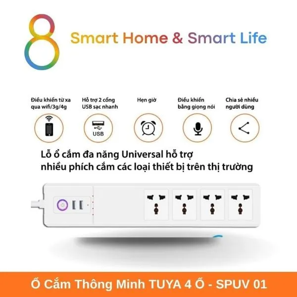 Ổ Cắm Thông Minh Wifi Tuya Smart Life 4 ổ 10A  kèm 1 USB A + 1 Type C  - 8Matter - SmartHome