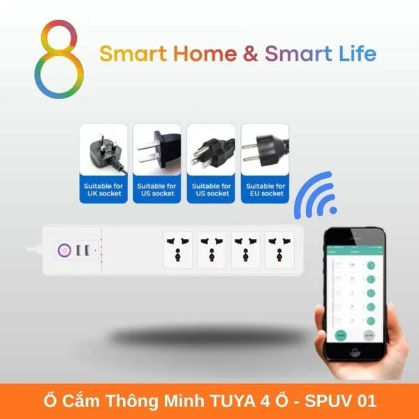 Ổ Cắm Thông Minh Wifi Tuya Smart Life 4 ổ 10A  kèm 1 USB A + 1 Type C  - 8Matter - SmartHome