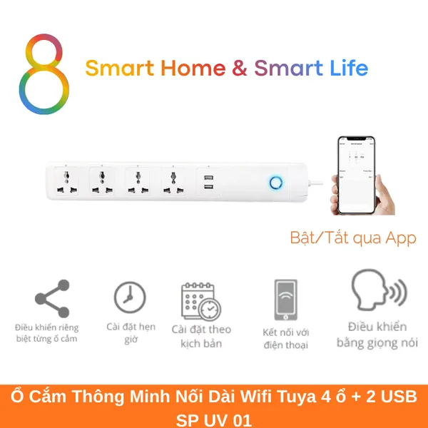 Ổ Cắm Thông Minh Nối Dài Wifi Tuya 4 Ổ + 2USB SP UV 01 8matter smarthome
