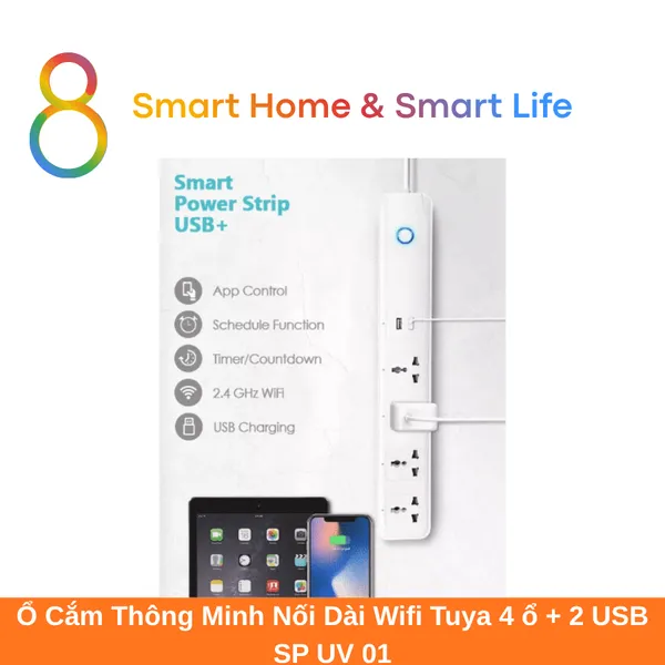 Ổ Cắm Thông Minh Nối Dài Wifi Tuya 4 Ổ + 2USB SP UV 01 8matter smarthome