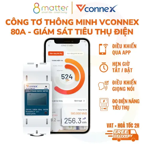 Công Tơ Điện Thông Minh Vconnex 80A (1 Pha) - Bộ Giám Sát Tiêu Thụ Điện Năng, Đo U/I/P/kWh Qua App Vhomenex