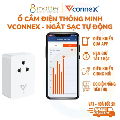 Ổ Cắm Điện Thông Minh Đo Điện Năng Tiêu Thụ Vconnex VCN-WSP-EM - Báo Cáo Điện Năng, Điều Khiển Từ Xa Qua Điện Thoại