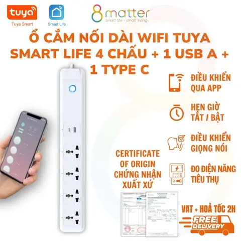 Ổ Cắm Thông Minh Nối Dài Wifi Tuya 4 ổ + 2 USB - 8 Matter Smart Home