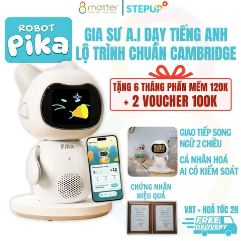 Robot Pika AI Gia Sư Dạy Học Song Ngữ Anh Việt Thông Minh - Tặng 6 Tháng Phần Mềm - Quà Tặng Cho Bé