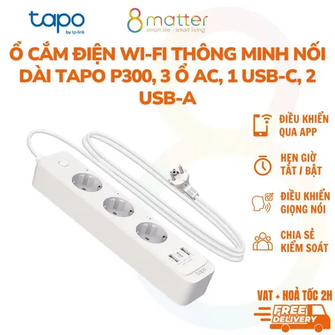 Tapo P300 Mới ra mắt Ổ Cắm Nối Dài Thông Minh Wi-Fi 10A, 2300W, 3 Ổ AC, 1 cổng USB-C, 2 cổng USB-A, App Tapo BH 24TH
