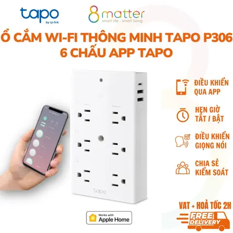 Tapo P306 Ổ Cắm 6 chấu Wi-Fi Thông Minh, 1 USB-C, 2 USB-A, App Tapo, điều khiển độc lập, chất liệu chống cháy BH 24TH